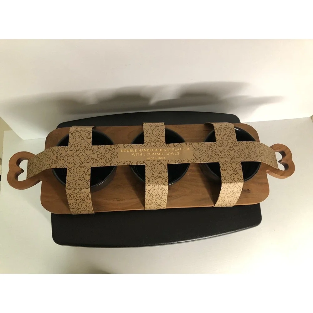 3pc Snack Dish Set w/ Wood Tray – Serving Board for‎ Party, Chips, Dips & Sauces